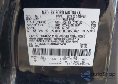 2012 Ford Escape Limited from USA, damaged, VIN 1FMCU9EG3CKA73430